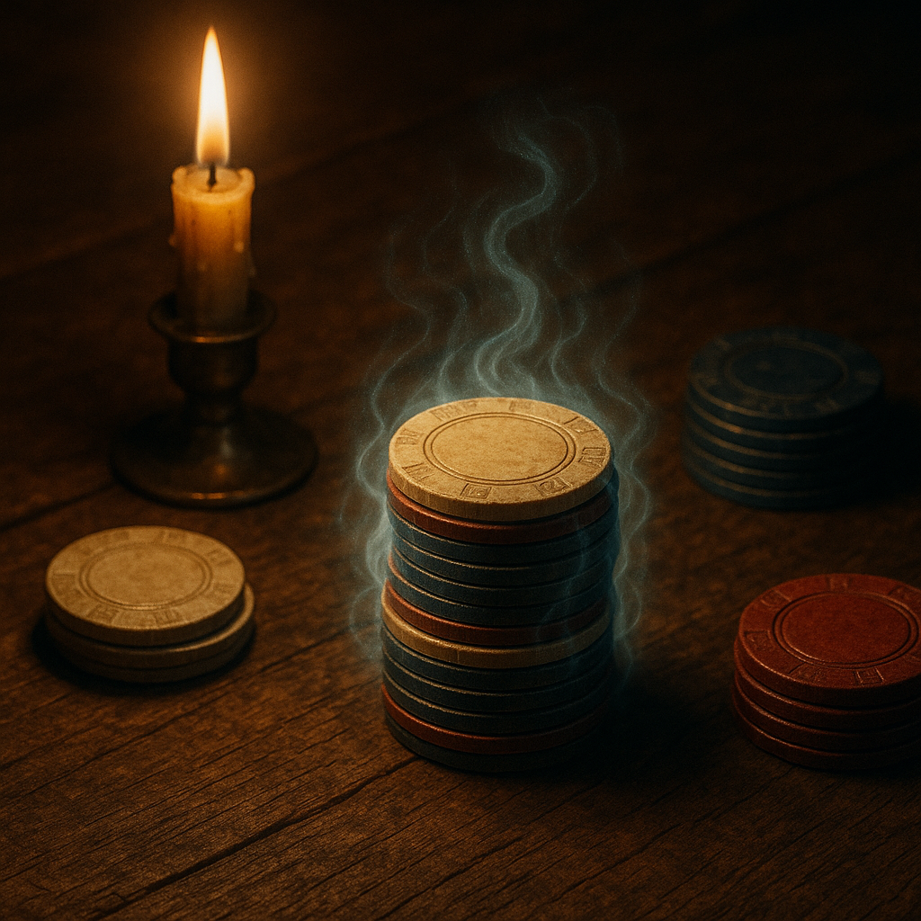 Poker chips representing Fortune's favor, glowing with otherworldly light